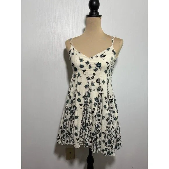 Free People Babydoll Mini Dress Women's 2 Green Floral Spaghetti Swing Fairy New - Picture 1 of 12